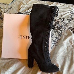 JustFab, Knee-High, Laced Boots with a Zipper